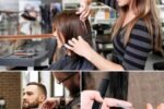 Beauty academy student practicing makeup and hairstyling during practical cosmetology training